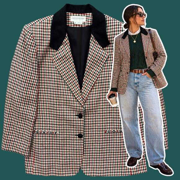 Vintage Jackets & Blazers - Cross Country Houndstooth Equestrian Blazer Size 18 Tweed Preppy Academia Boxy